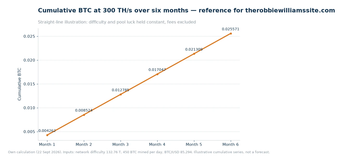 Line chart of cumulative BTC at 300 TH/s over six months, rising in six even steps to 0.025571 BTC